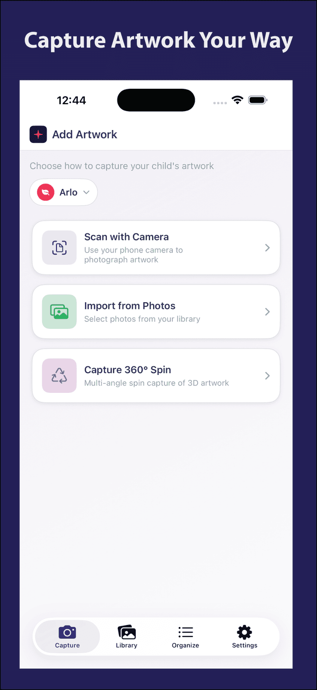 Kwomi capture screen showing scan, import, and 3D capture options