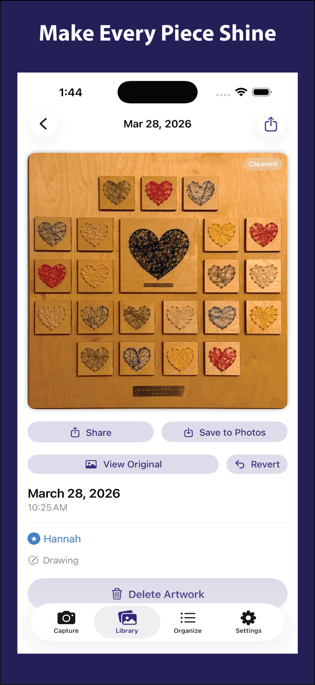 Artwork detail view showing sharing and editing options
