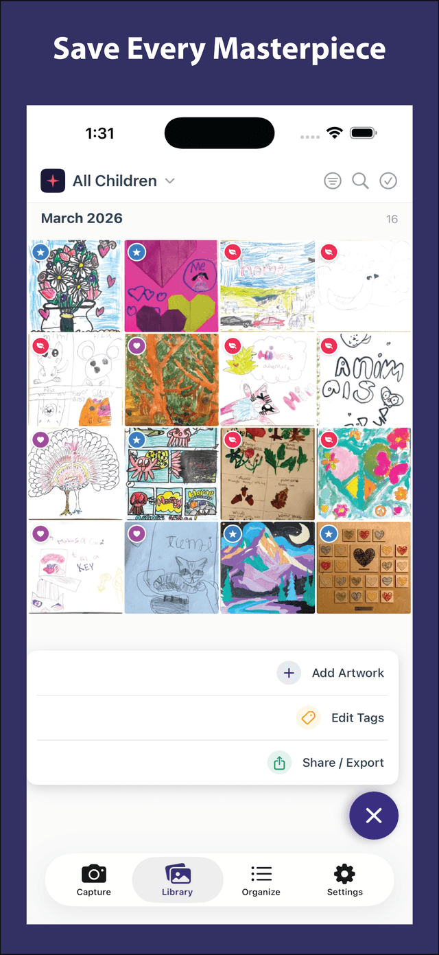 Kwomi library showing children's artwork organized by month