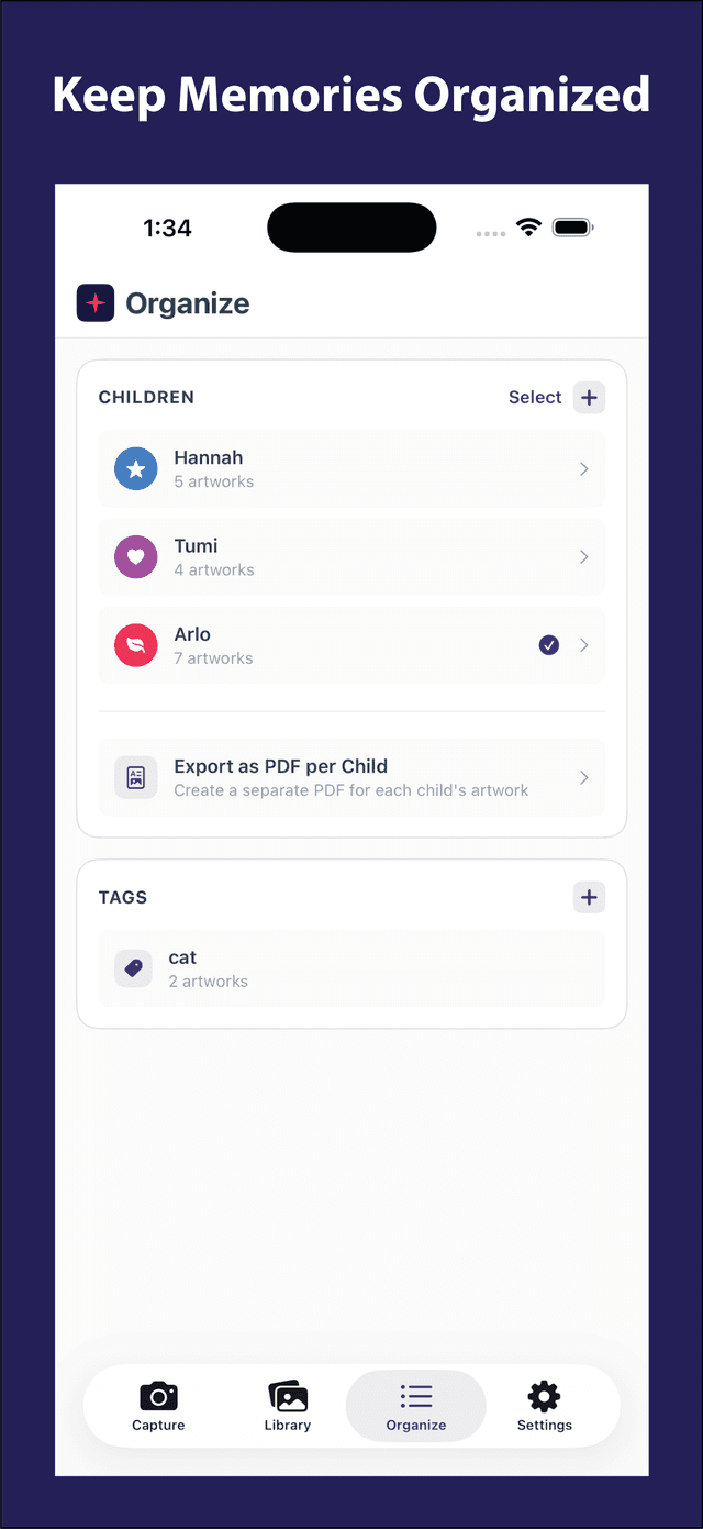 Kwomi organize screen showing child profiles and tags